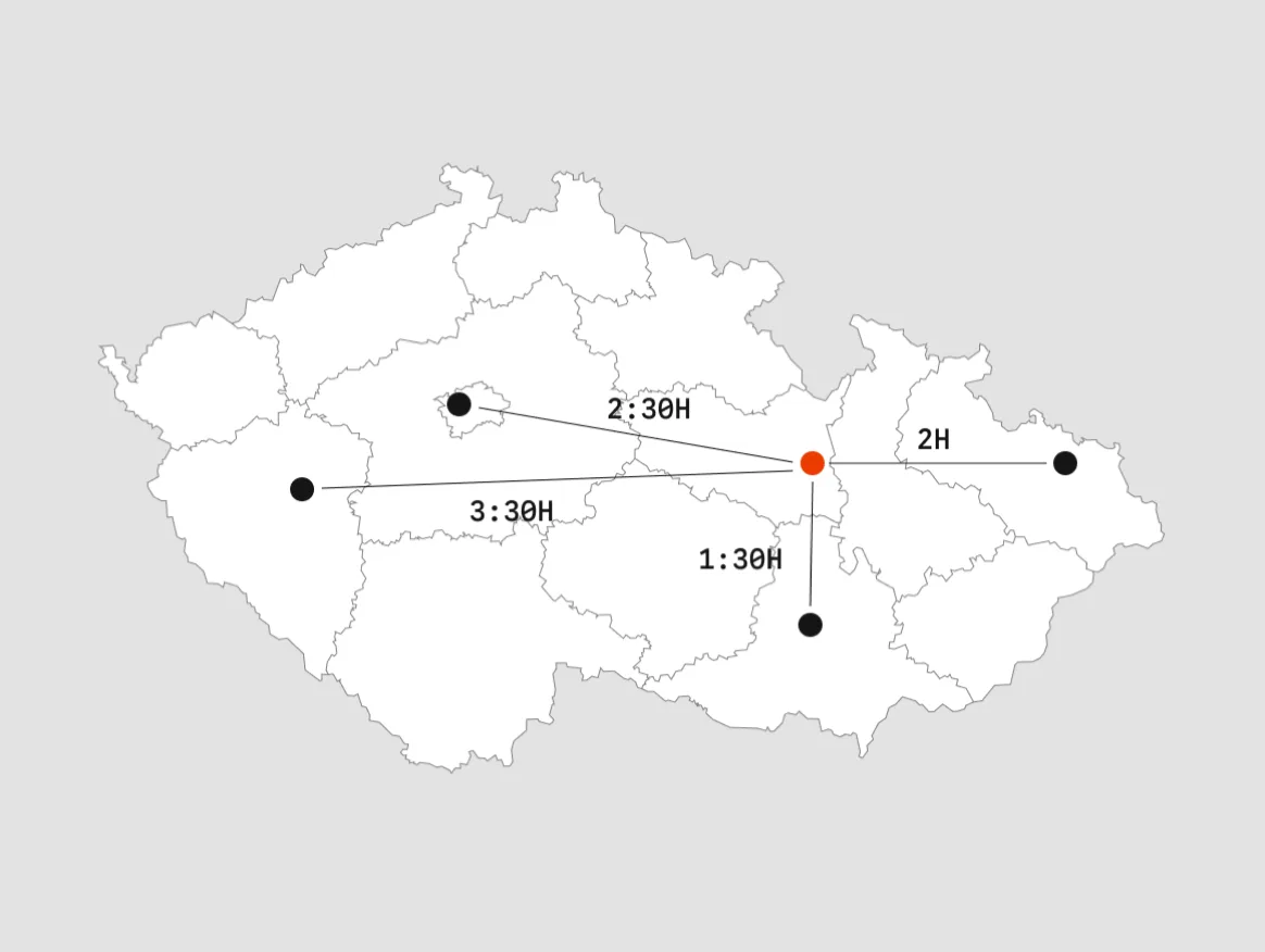 Mapa České republiky s dojezdovými časy servisu